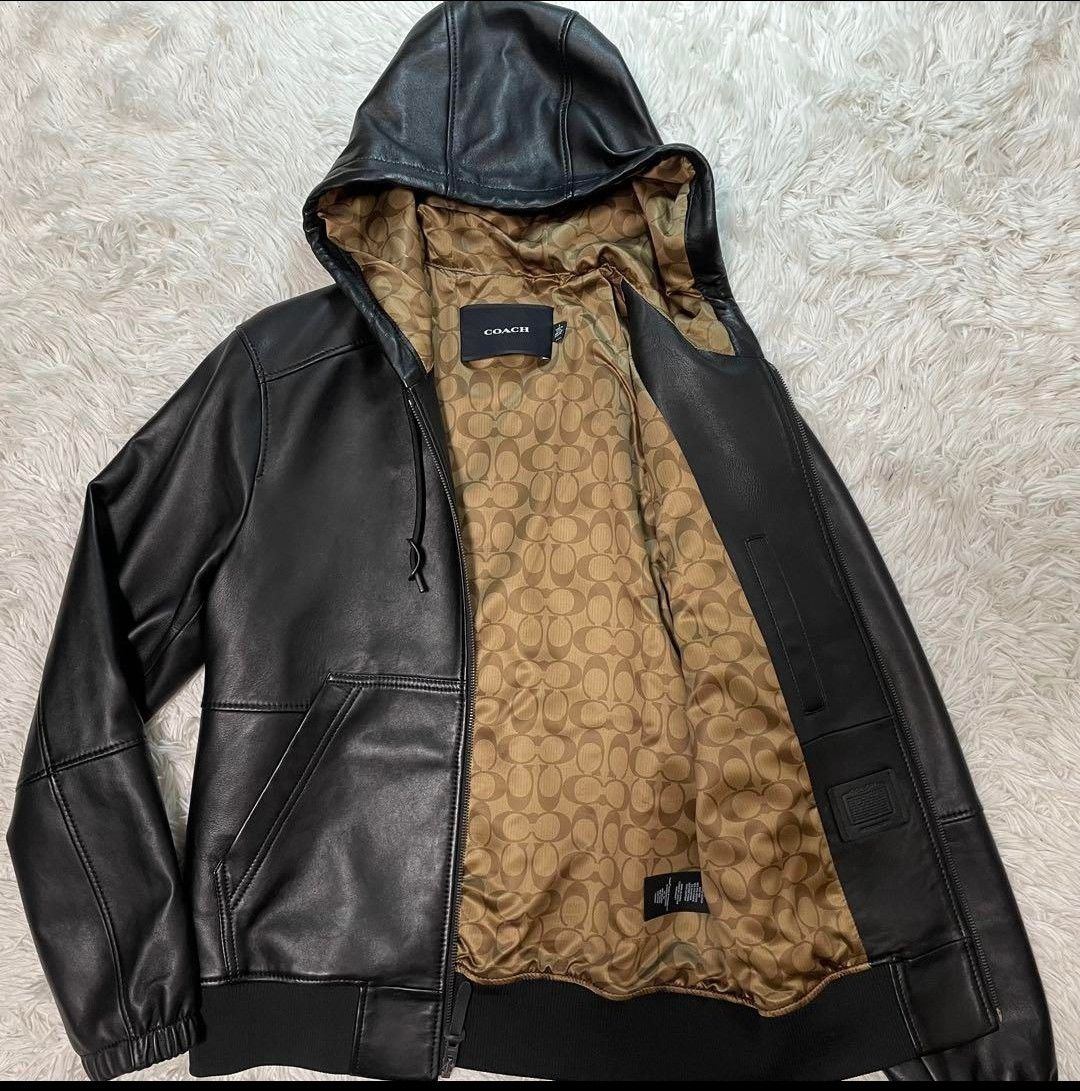 コーチ COACH 本革 レザーパーカー ラムレザー 裏地シグネチャー 黒 羊