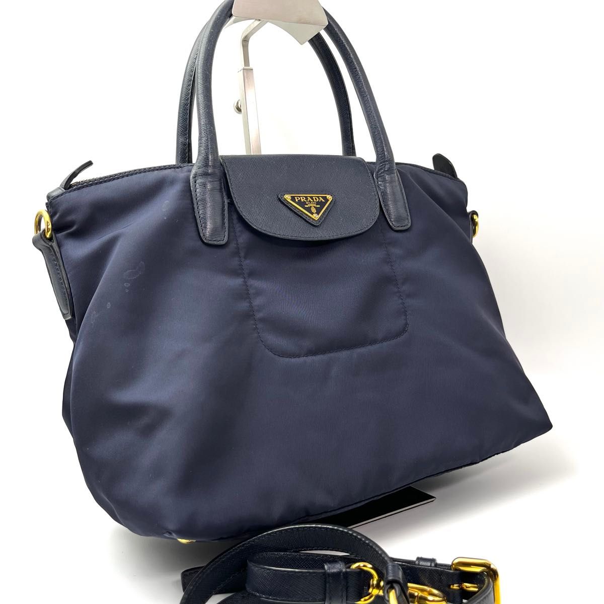 美品 プラダ ナイロン 2WAY ミニトート ショルダーバッグ ネイビー 紺
