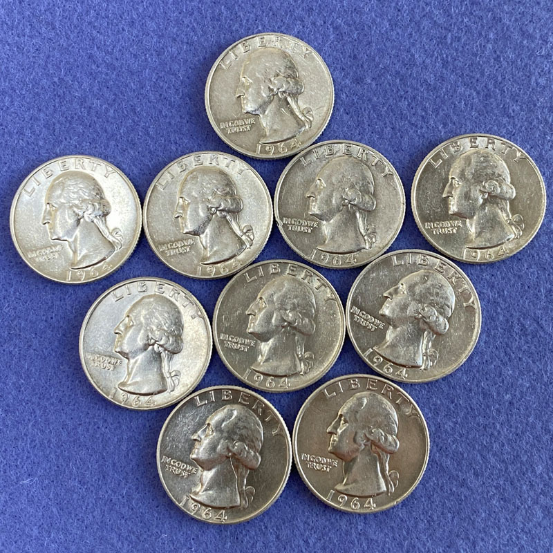 1964年以前のみ 銀製 ワシントンクォーターダラー 25セント硬貨 10枚