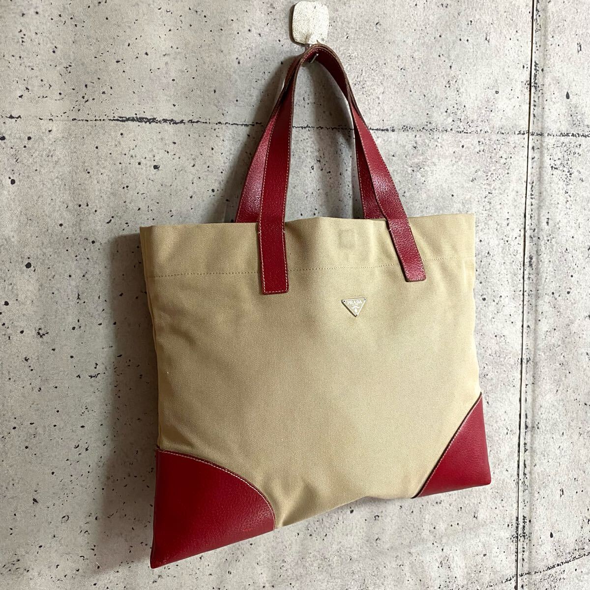 本物 PRADA プラダ 三角ロゴ キャンバス トートバッグ ハンドバッグ
