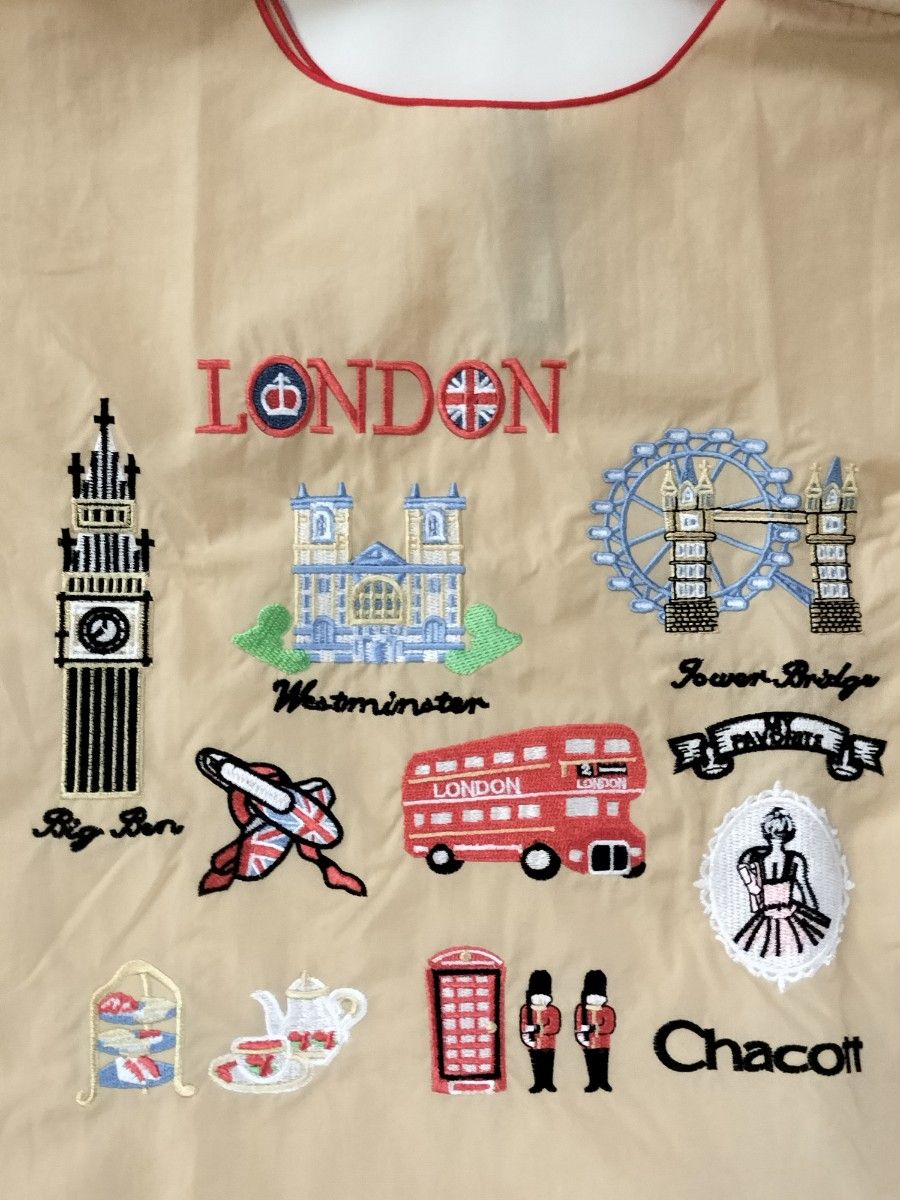 刺繍 エコバッグ ベージュ Mサイズ ロンドン チャコット トートバッグ