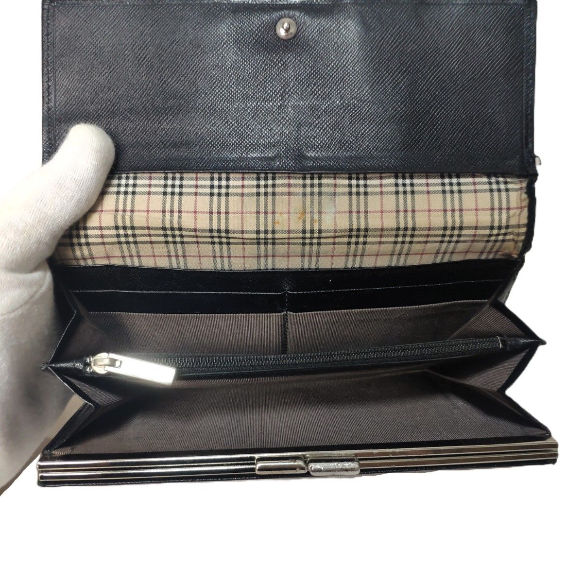 BURBERRY バーバリー 長財布 レザー ノバチェック がま口 ブラック 黒