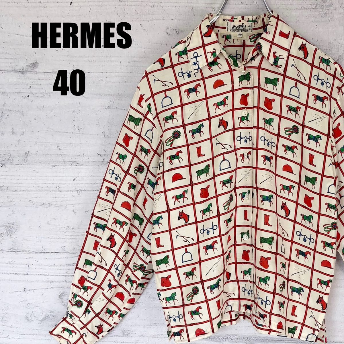 希少 HERMES シルク 総柄 ホース柄 シャツ 40 ヴィンテージ エルメス