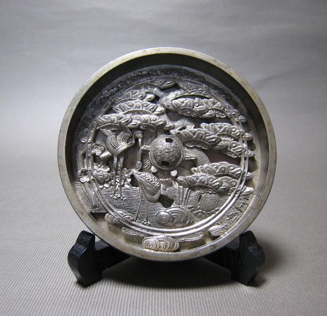 Y181】古美術 本歌 時代和鏡 松鶴亀図 古鏡 銅鏡 丸
