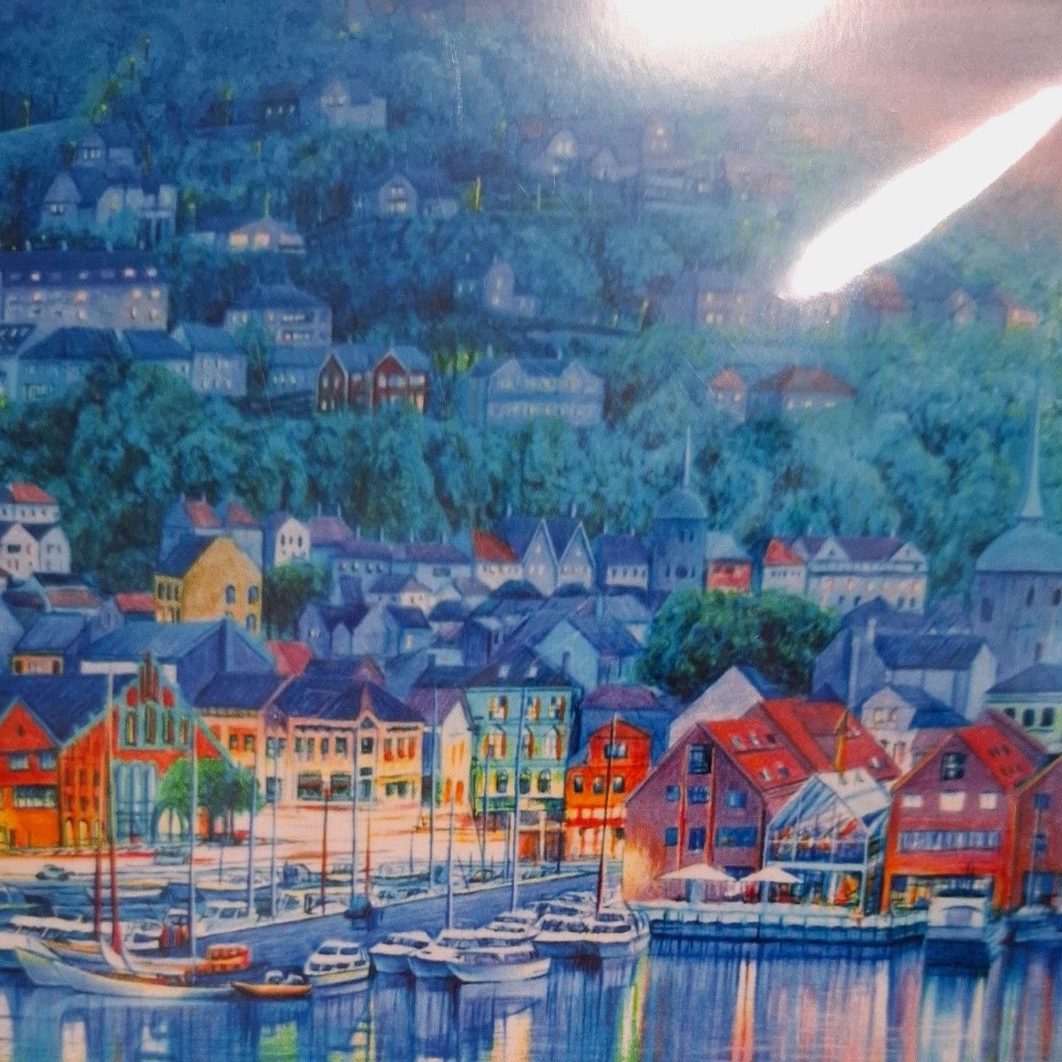 版画の絵画 ヨーロッパ ノルウェー ベルゲン 夕夜景色 風景画 アート