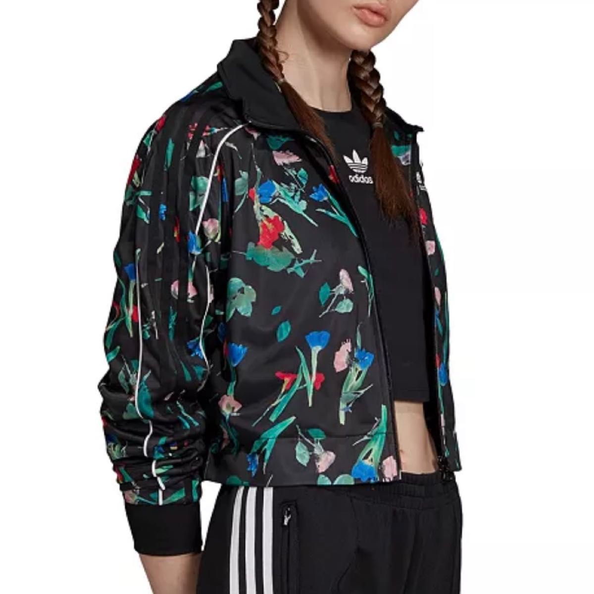 大きいサイズ/希少】adidas 花柄トラックジャケット クロップド丈 黒