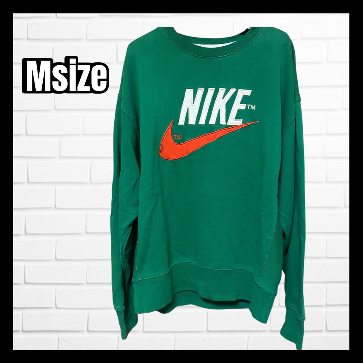 NIKE】スウェット 刺繍スウッシュロゴ Mサイズ グリーン 緑×オレンジ