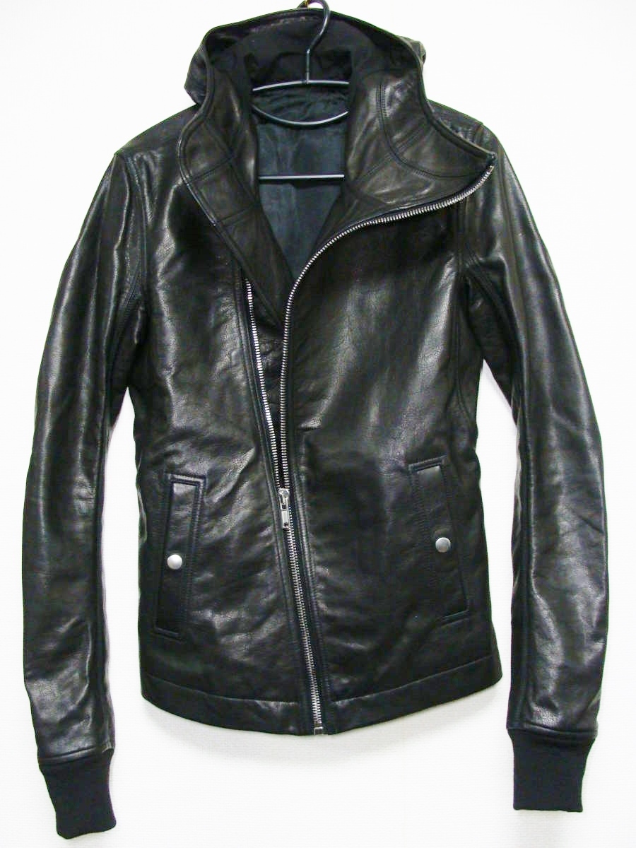 Rick Owens リックオウエンス 牛 皮 革 カーフ 斜めジップ フード
