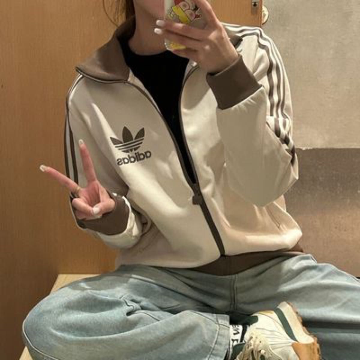 新品女性2XL 80s復刻adidasトラックジャケット ベージュ×モカブラウン