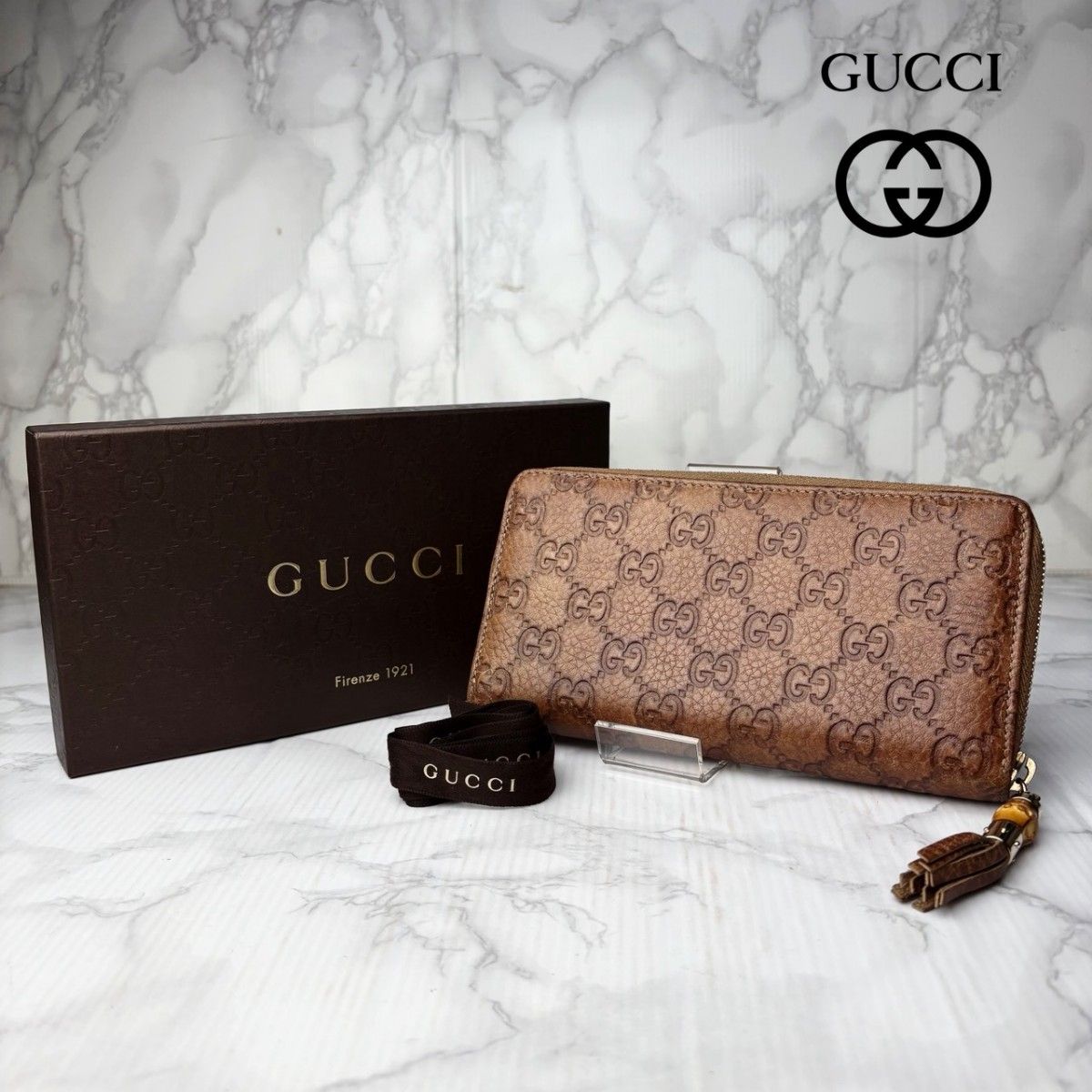 801 極美品 GUCCI グッチ 長財布 バンブー ラウンドファスナー シマ