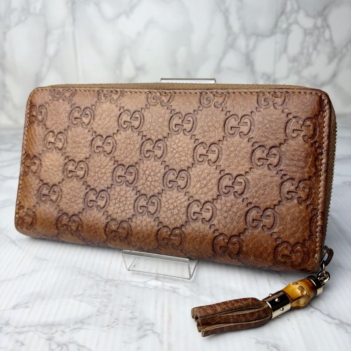 801 極美品 GUCCI グッチ 長財布 バンブー ラウンドファスナー シマ