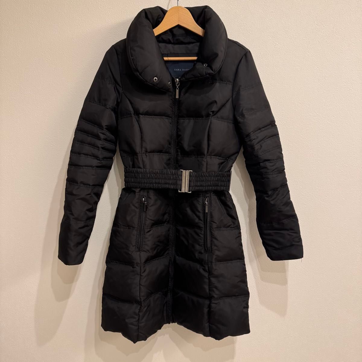 ZARA BASIC ザラ ダウンコート Aライン ベルト付き ブラック S 黒