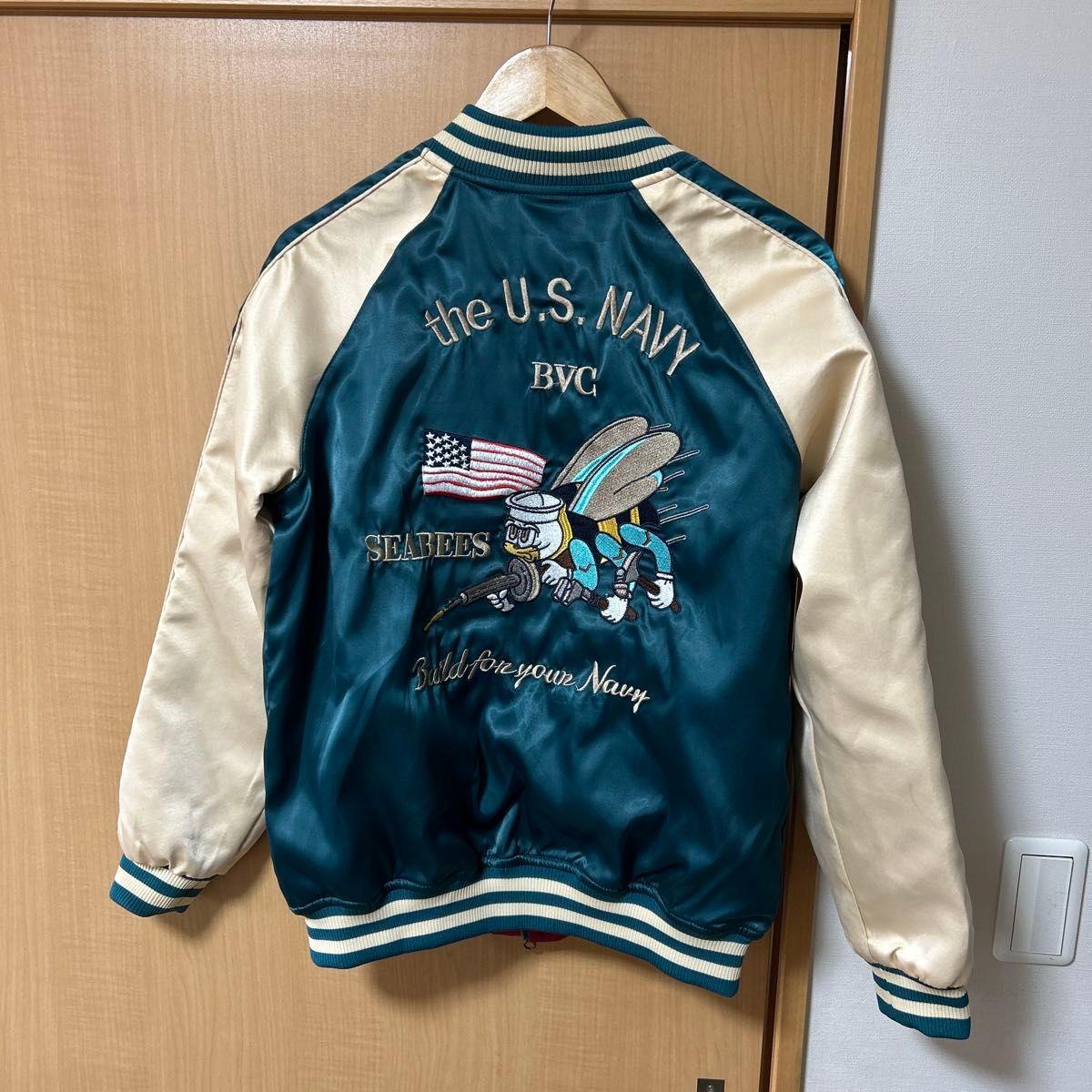U S NAVY BVC SEABEES スカジャン 両面刺繍 ターコイズブルー