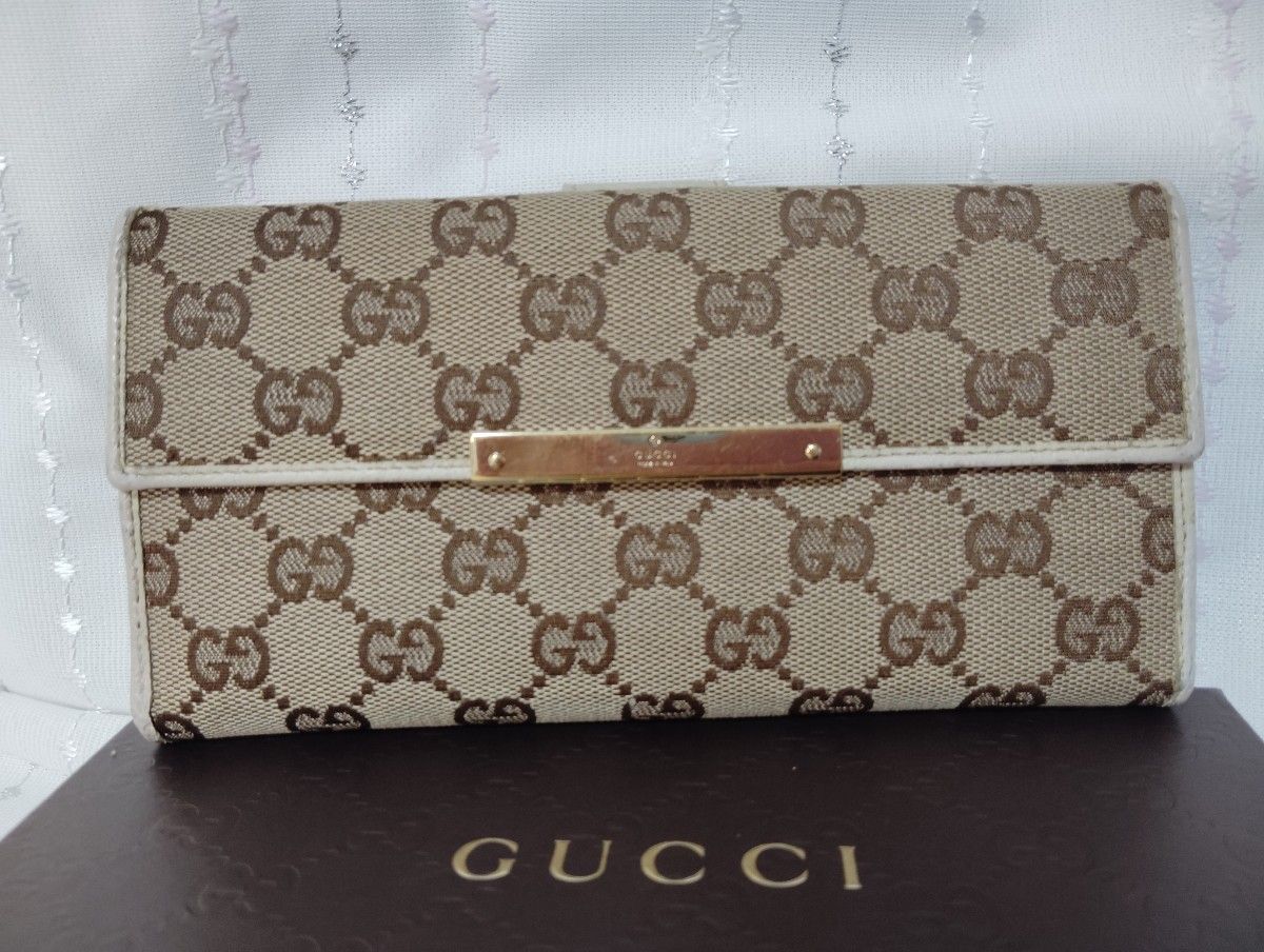 GUCCI グッチ GGキャンバス 長財布 Wホック ベージュ ブラウン