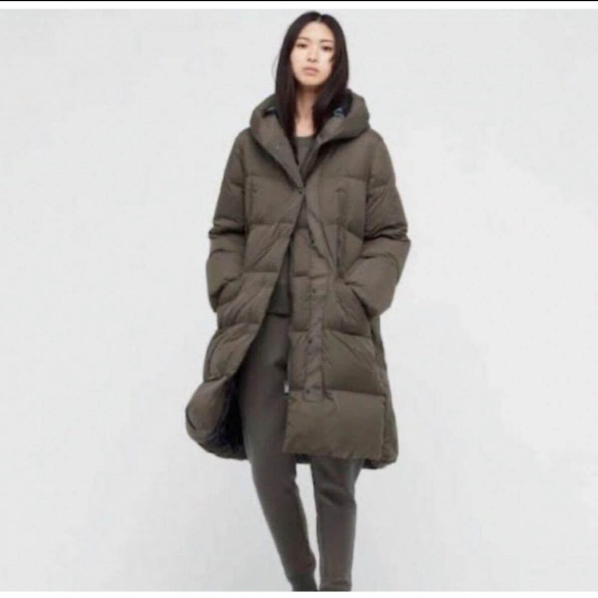美品 UNIQLO＋J ロングダウンコート ゆったり M ブラウン フード付