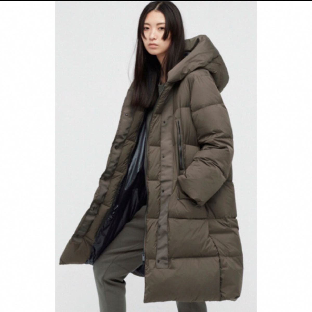 美品 UNIQLO＋J ロングダウンコート ゆったり M ブラウン フード付