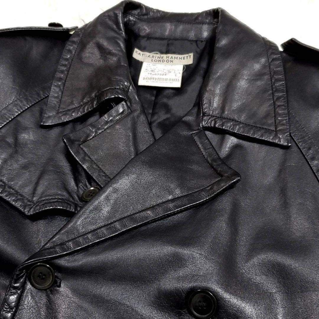 美品 L キャサリンハムネット カウレザー ロング トレンチ コート 黒