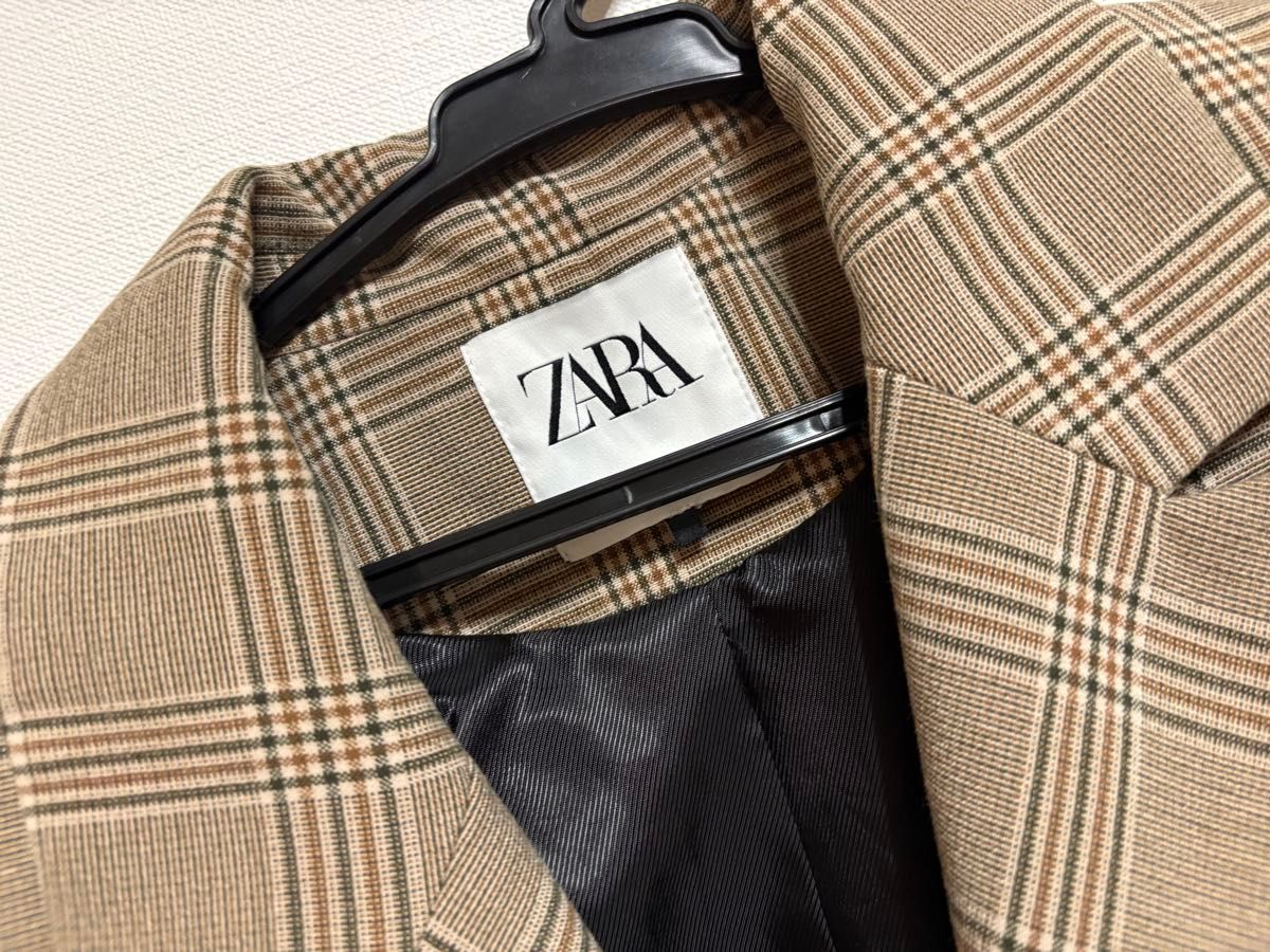 ZARA クロップド丈 テーラードジャケット チェック柄 ブラウン｜Yahoo