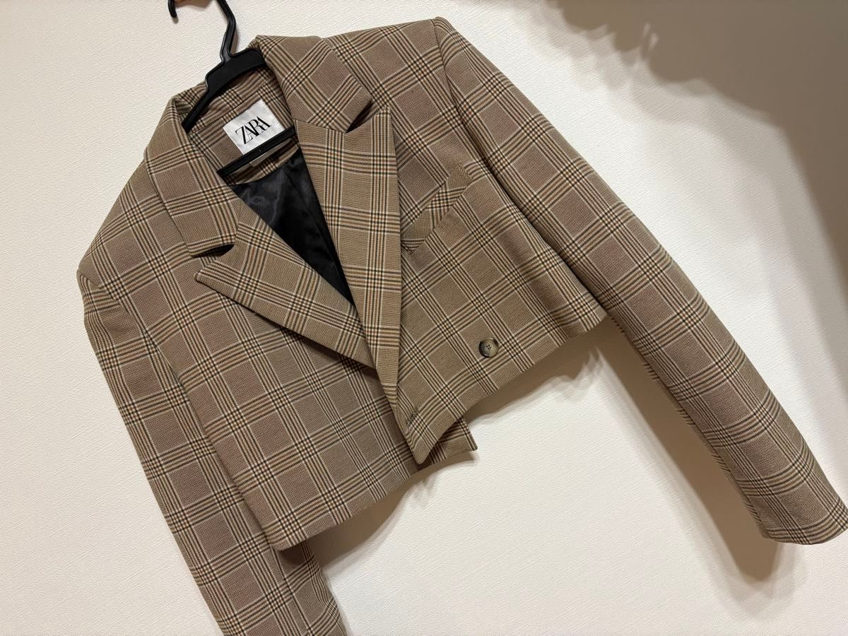 ZARA クロップド丈 テーラードジャケット チェック柄 ブラウン｜Yahoo