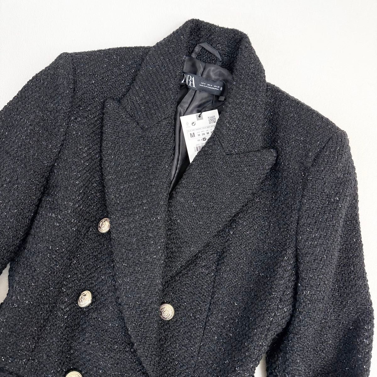 新品】タグ付き ZARA ザラ 黒 ラメ入り ダブルブレスト テーラード
