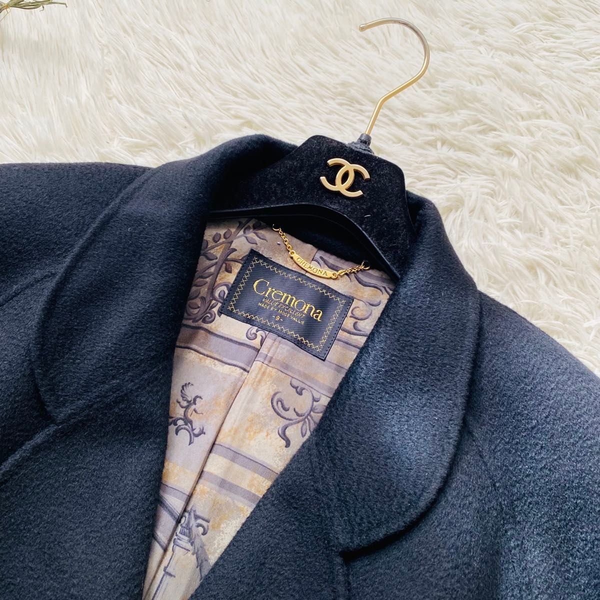 美品 cremona カシミヤ100% シルク 派手裏地 ダブル チェスターコート