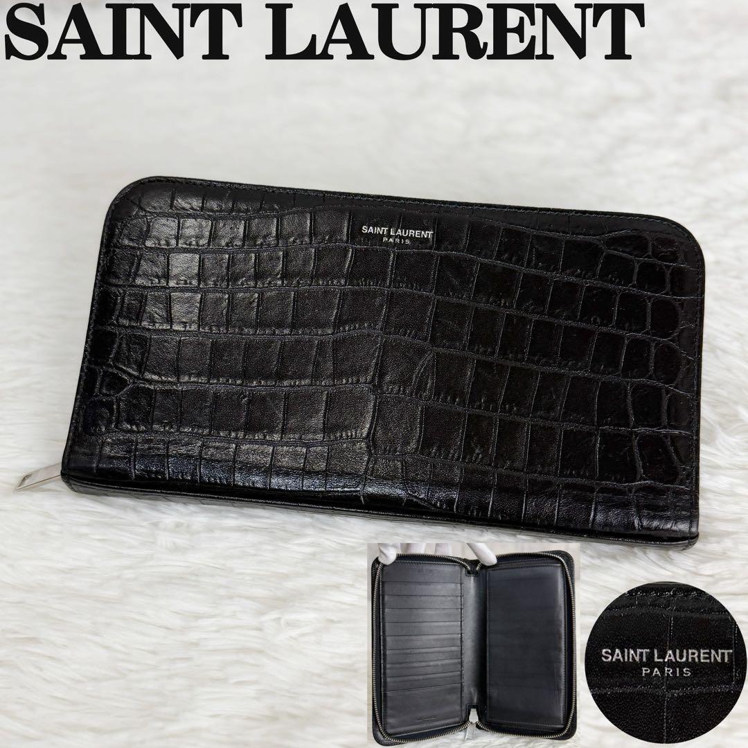 美品 Saint Laurent サンローラン クロコ型押し レザー ジップ