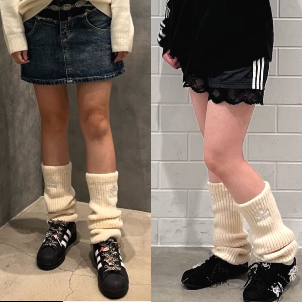 新品】 白黒2点 アディダスadidasリブ編みレッグウォーマー ルーズ