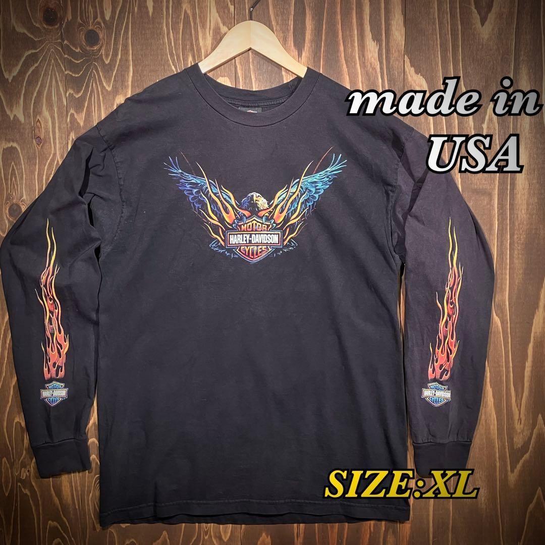 USA製 訳あり ハーレーダビッドソン ロンt 長袖 XL イーグル フレイム