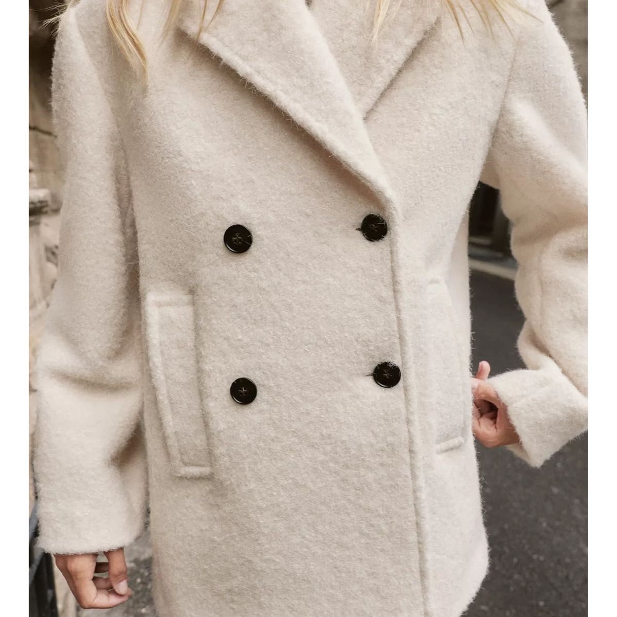 Sサイズ／ZARA／ブークレダブルブレストミディ丈コート ZARA］ブークレ