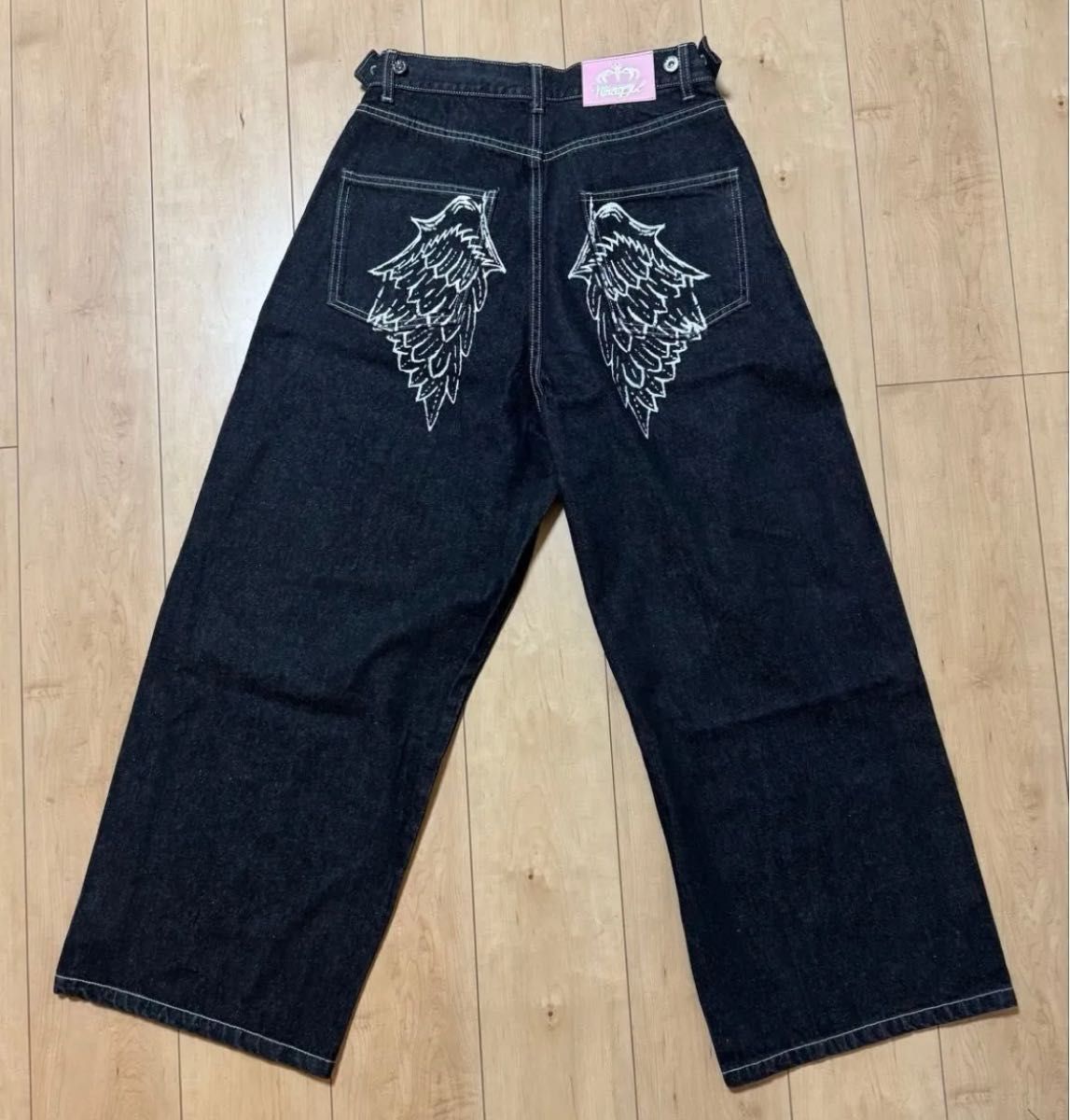 9090 girlFeather logo Studs Buggy Denim Pants M ブラック｜Yahoo