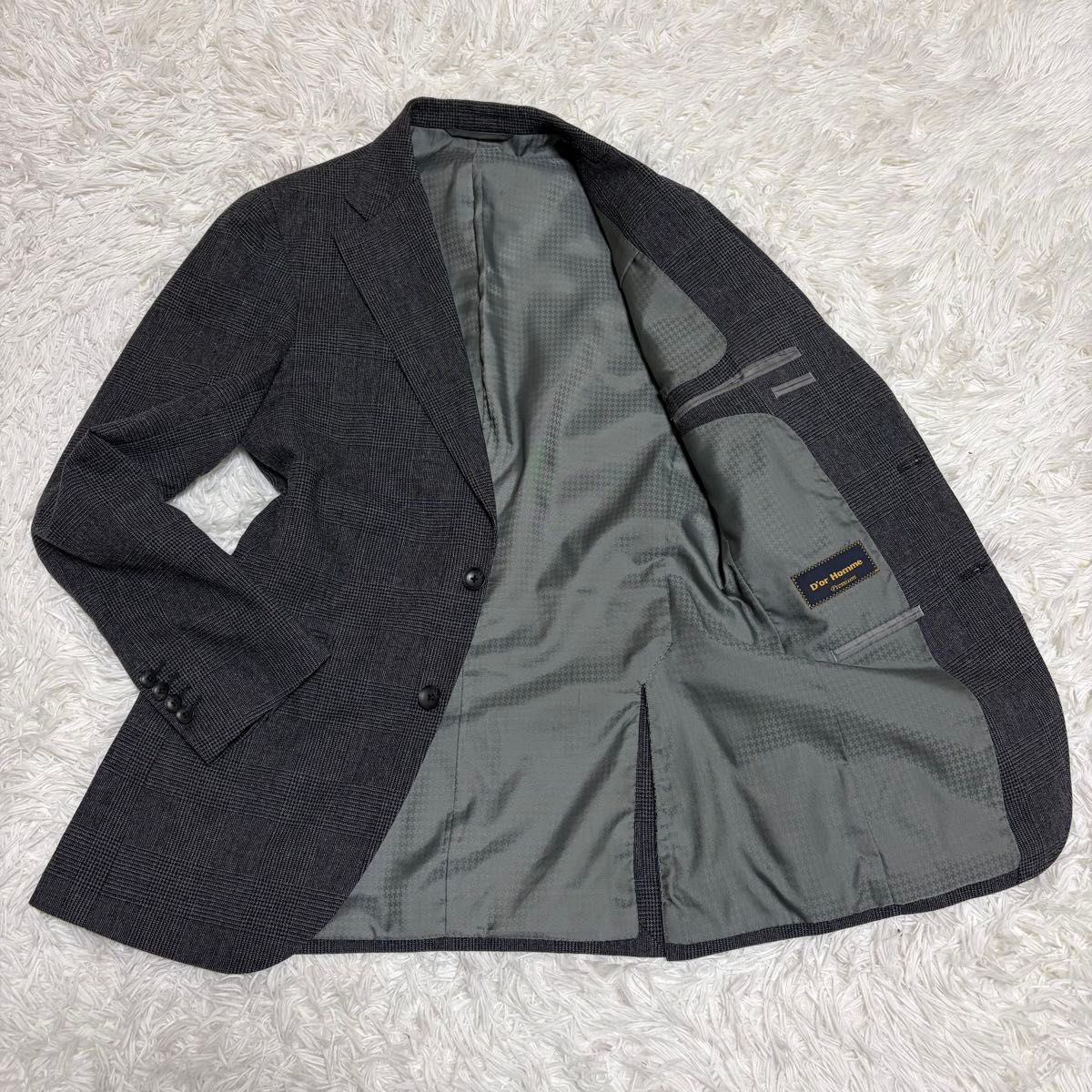 96A7 グレンチェック テーラードジャケット 千鳥柄 総裏地 2B グレー D