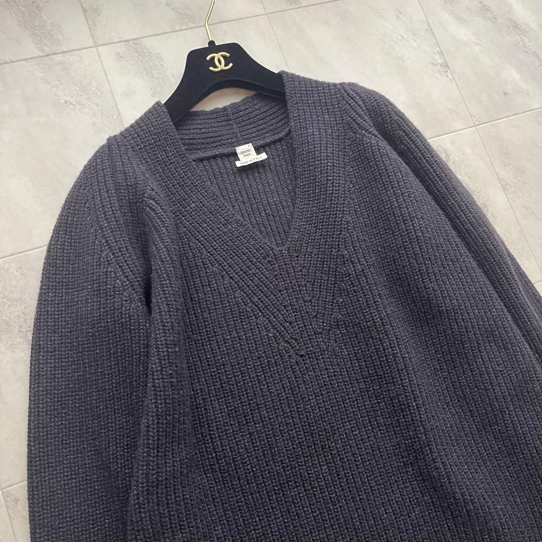 美品 エルメス ヤク ウールニットワンピース Vネック ネイビー 36