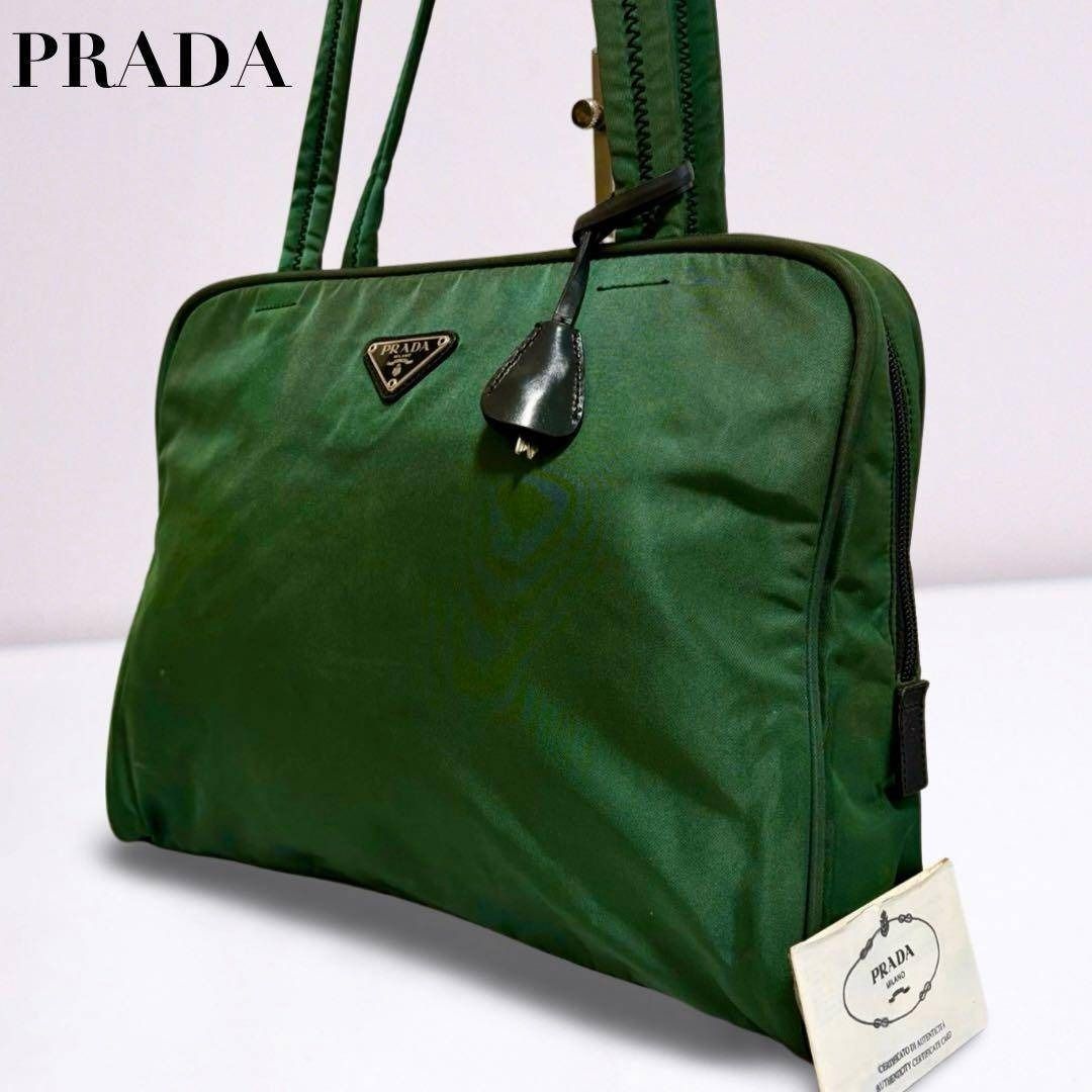 PRADA ボストンバッグ 三角ロゴ テスートナイロン カーキ 希少色 鍵