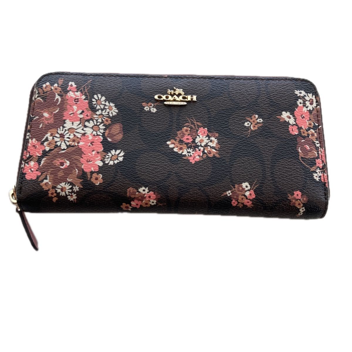 COACH コーチ シグネチャー 花柄 ラウンドファスナー長財布 ブラウン