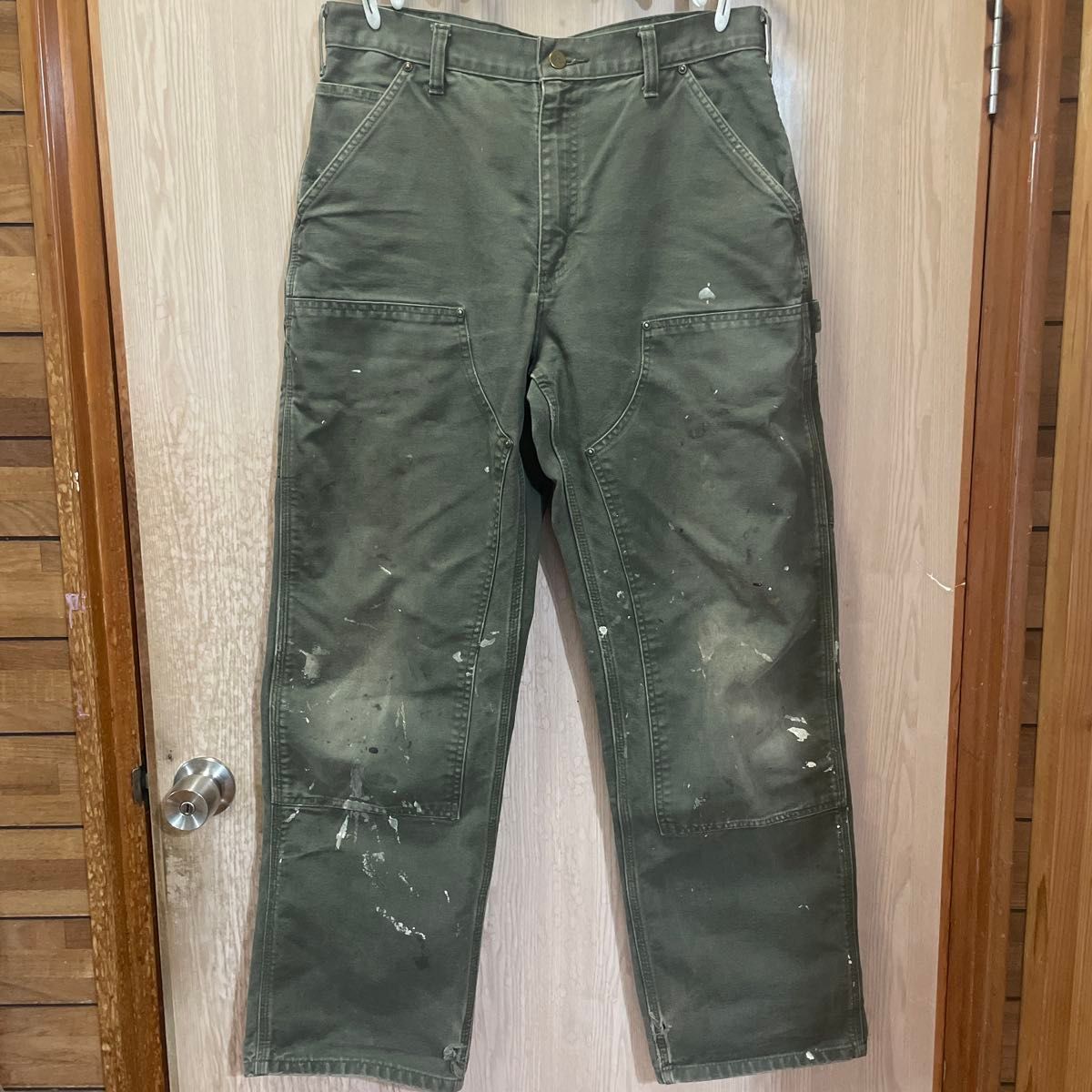 Carhartt B136 MOS ダブルニー 33×32 ペンキ フェード グリーン 雰囲気