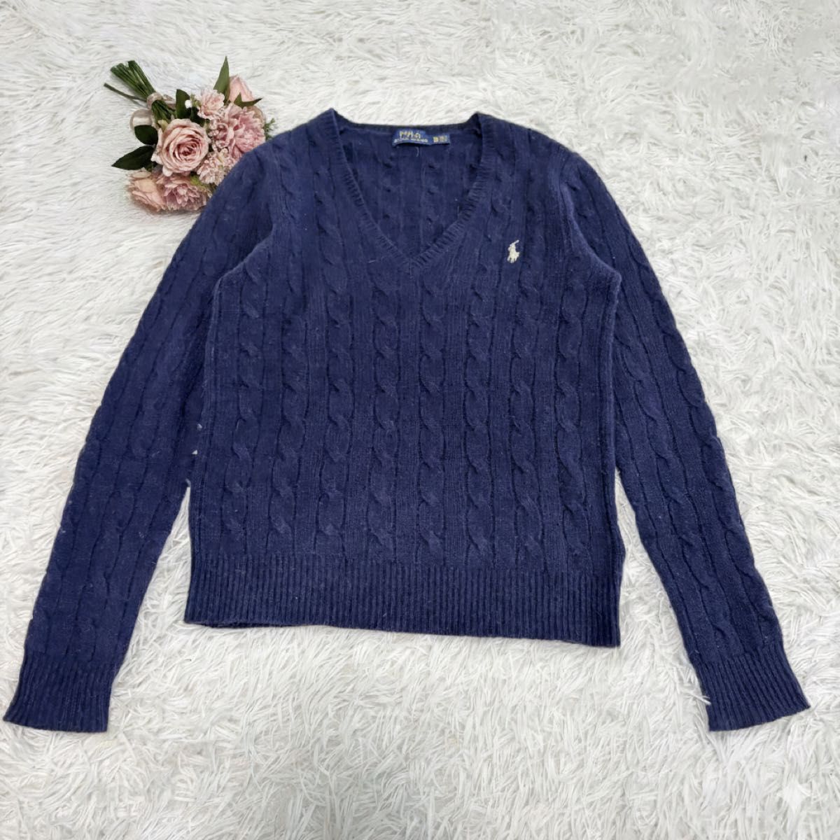 美品】ポロラルフローレン 定価21800円 カシミヤ混 ケーブル Vネック