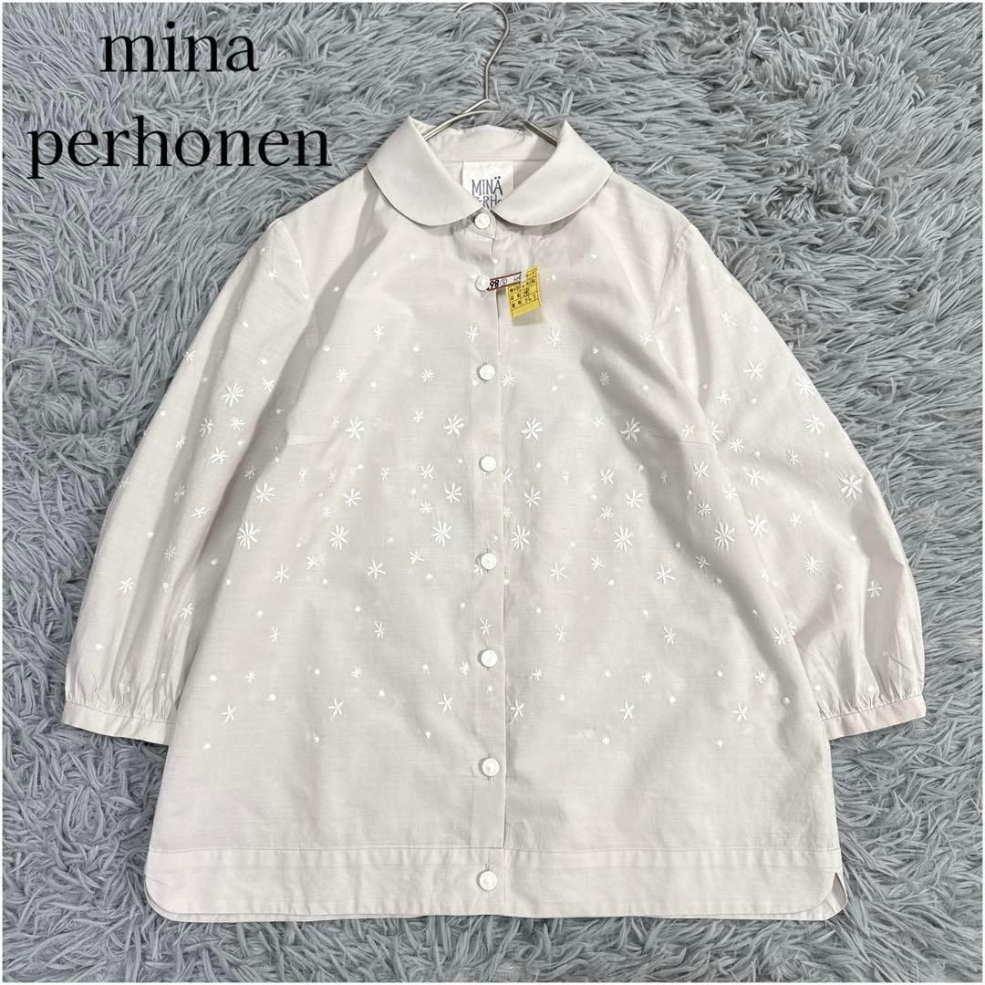 ミナペルホネン hoshi hana 長袖シャツ 花柄刺繍 コットン 丸襟 38