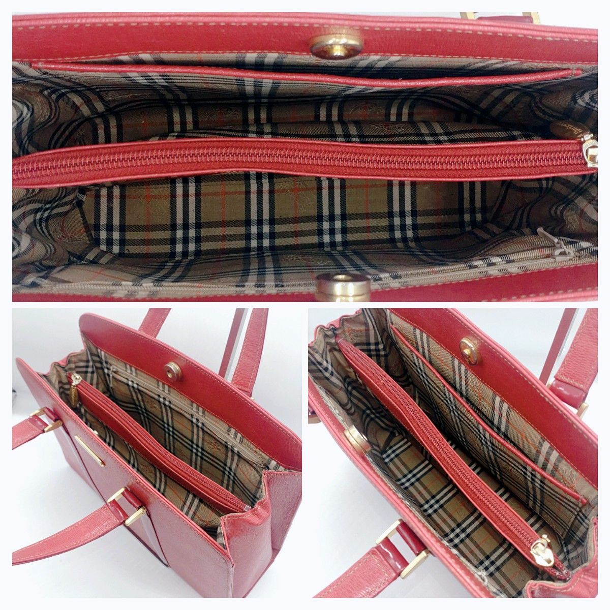 美品 Burberrys ハンドバッグ ノバチェック レッド ゴールドロゴ金具