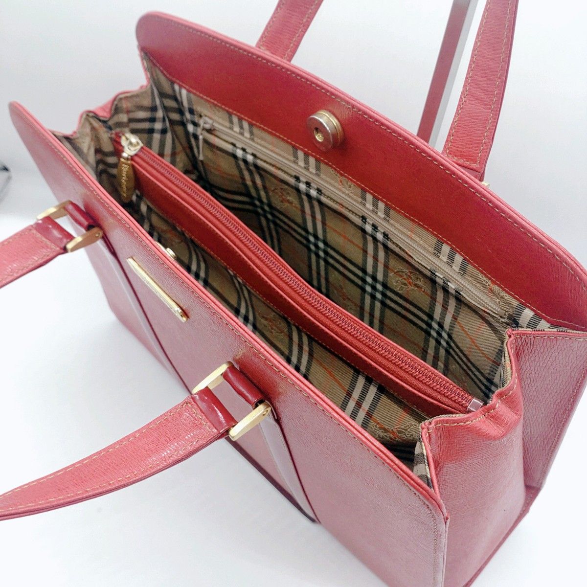 美品 Burberrys ハンドバッグ ノバチェック レッド ゴールドロゴ金具