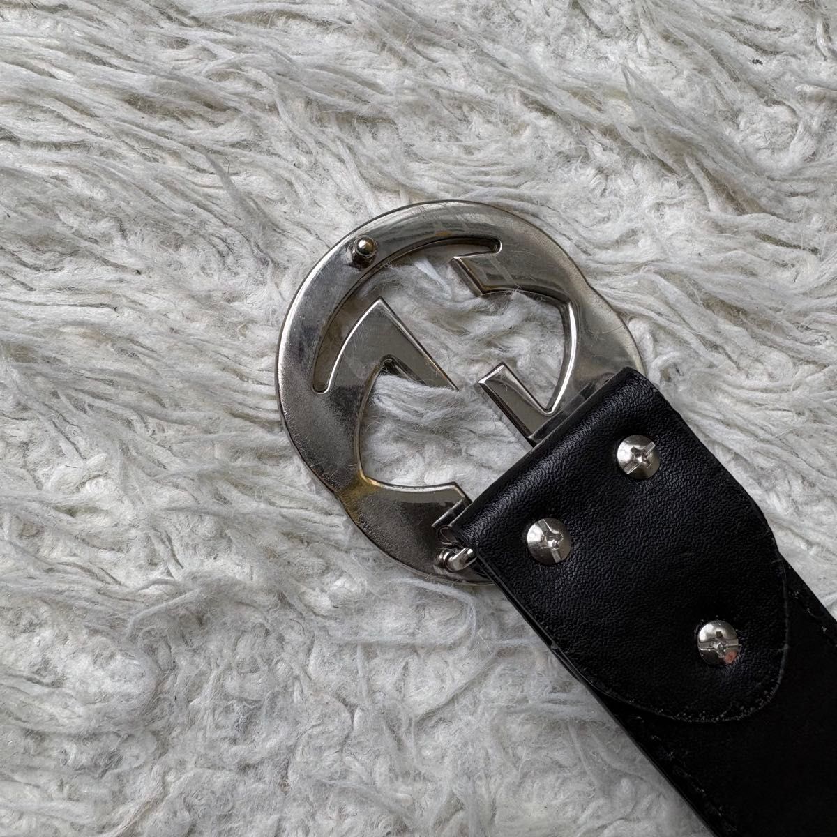美品 GUCCI グッチ インターロッキング レザーベルト メンズ 黒 金 GG