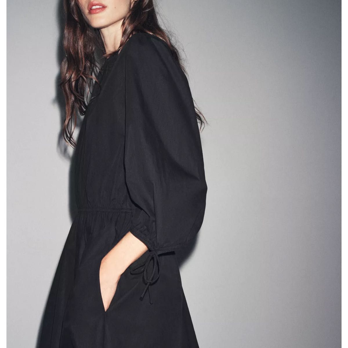 新品 ZARA ギャザーポプリンワンピース ZW コレクション XS ブラック