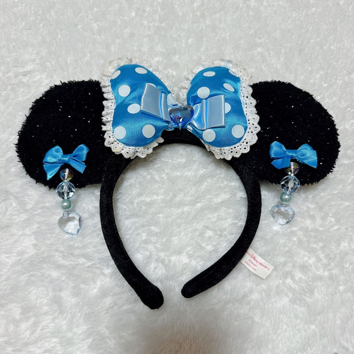 ディズニー カチューシャ イヤリング リボン レース 水色 ドット