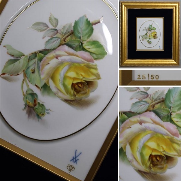 マイセン】陶板画・黄色と紫の薔薇マイセン】陶板画・黄色と紫の薔薇