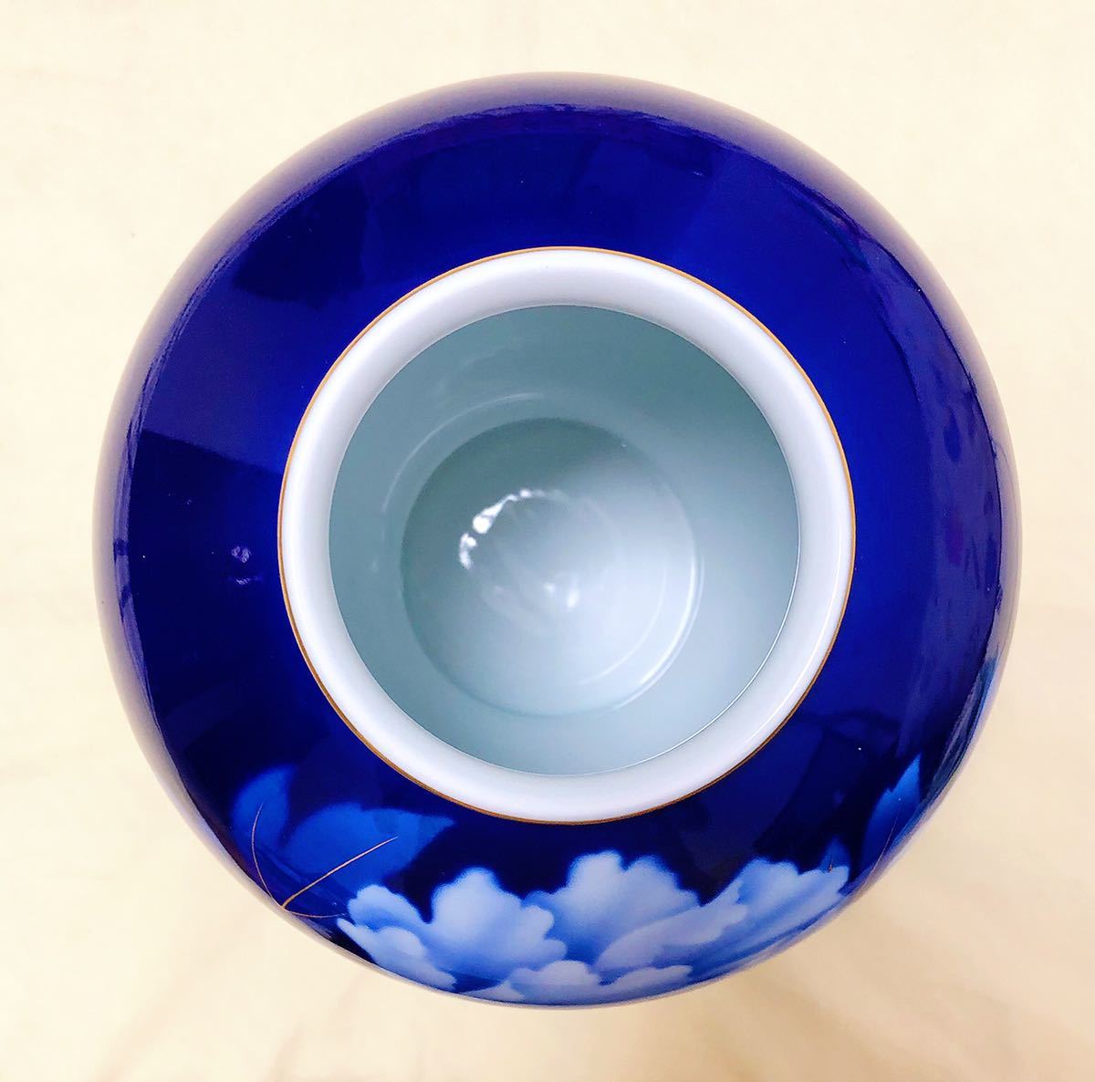 新品 有田焼 深川製磁 宮内庁御用達 瑠璃色 牡丹柄 大きい花瓶 F型9
