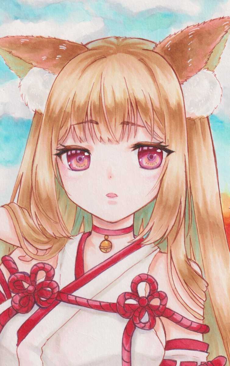 Yahoo!オークション - オリジナル手描きイラスト 女の子 狐 巫女 和服
