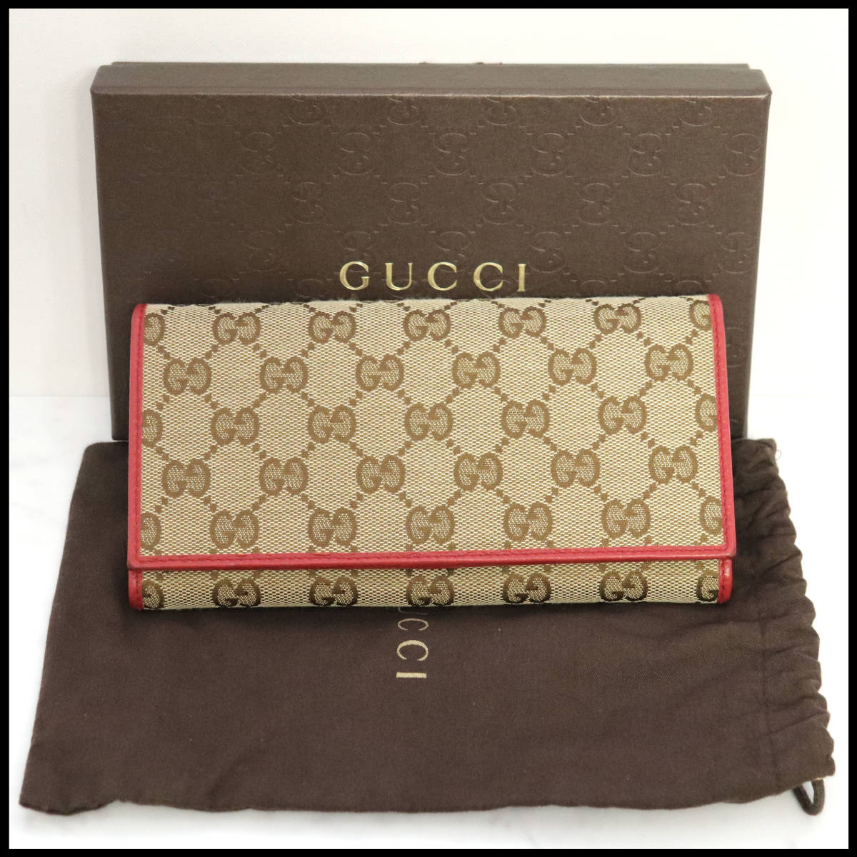 GUCCI グッチ 346058 GGキャンバス 二つ折り 長財布 ベージュ レッド