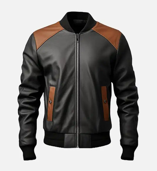 Men's Brown and Black Bomber Leather Jacket - AU LeatherX