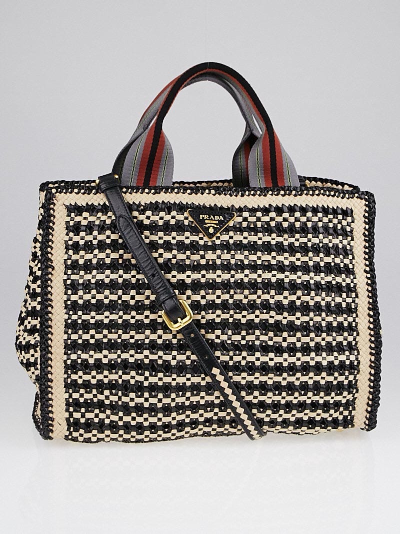 Prada Beige/Black Woven Goatskin Leather Madras Tote Bag BN2658