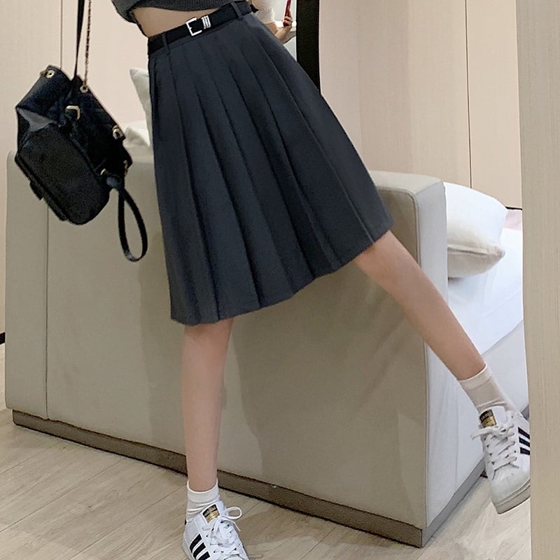 プリーツスカート スカート 膝丈 プリーツ シンプル グレー ガーリー
