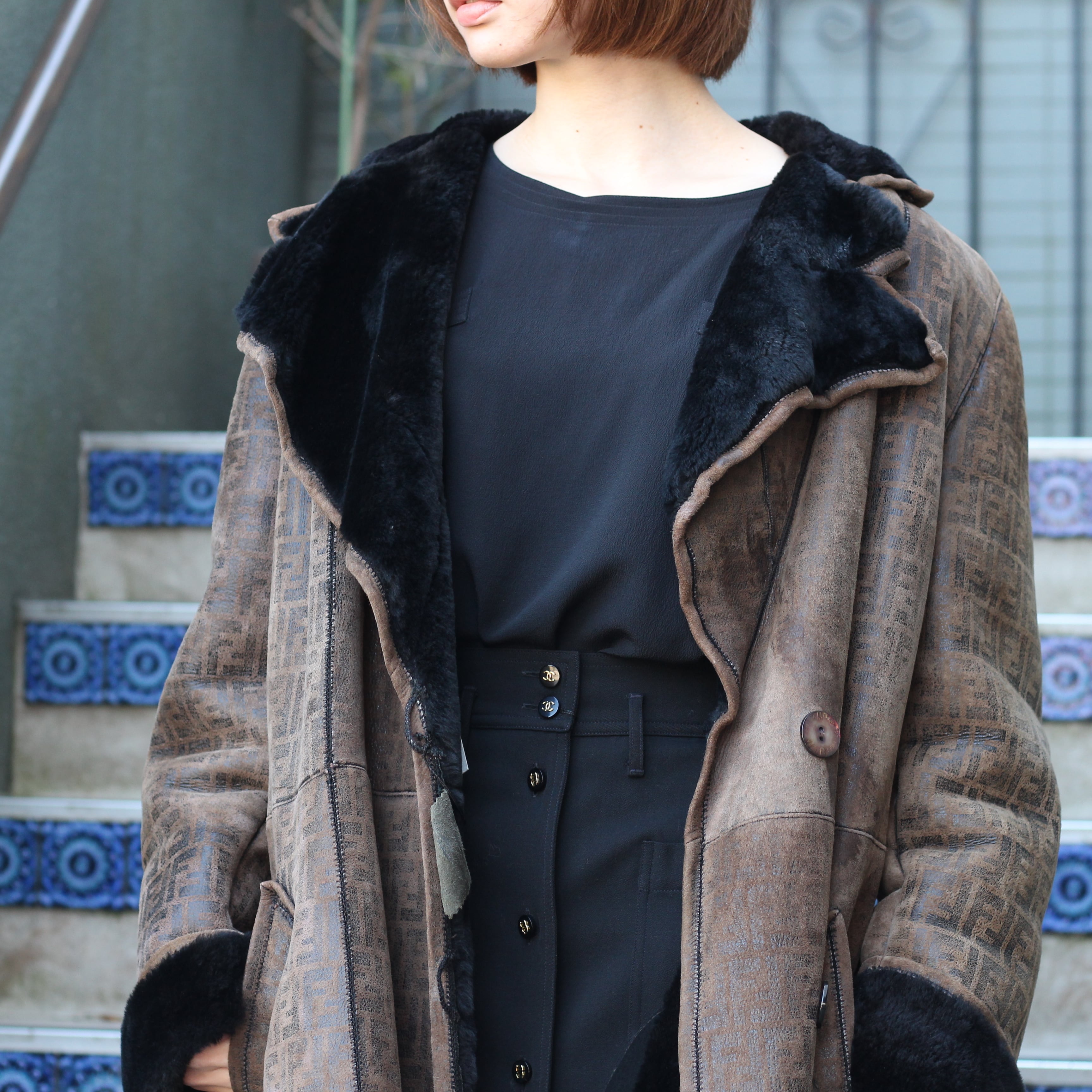 FENDI ZUCCA PATTERNED BELTED MOUTON COAT MADE IN ITALY/フェンディ